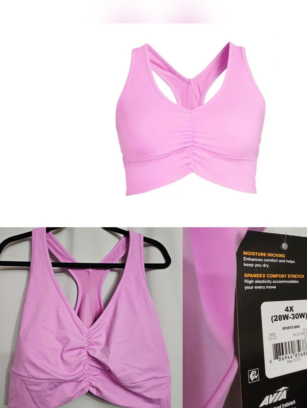 Avia Violet Bloom Ruched V-Neck Sports Bra Women's Size 4X NWT